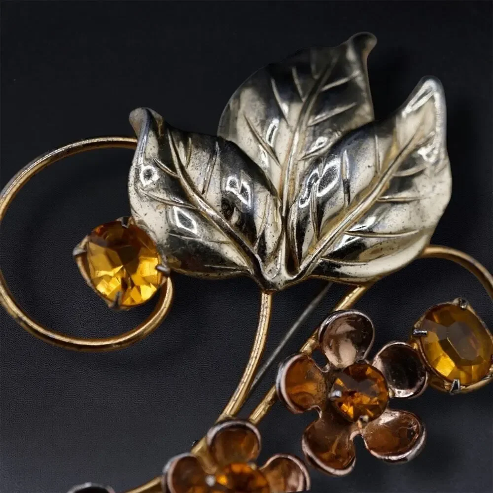 Vintage Sterling Silver Vermeil Flower Floral Spray Brooch Rhinestone Pin‎ 3